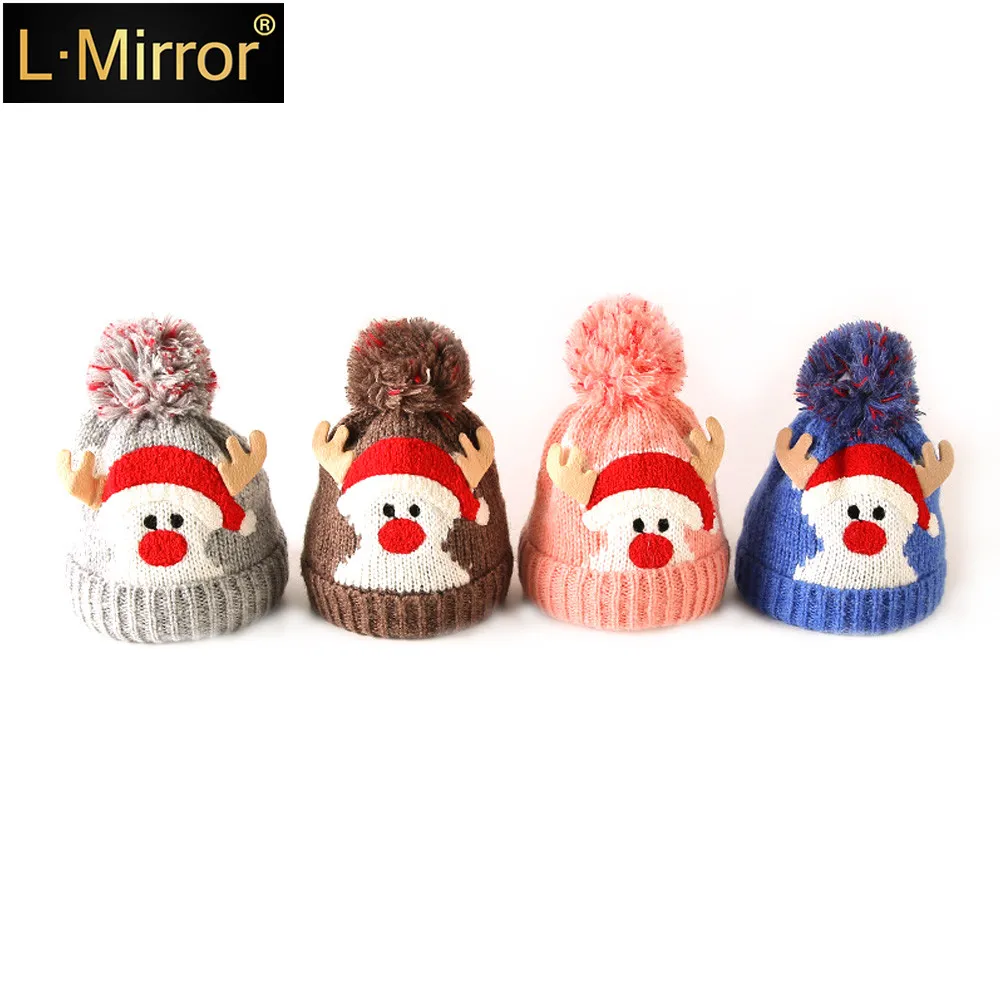 

L.Mirror 1Pcs Cute Knit Hats for Kids Girls Boys Winter Warm Ball Cap Velvet Lining Santa Claus