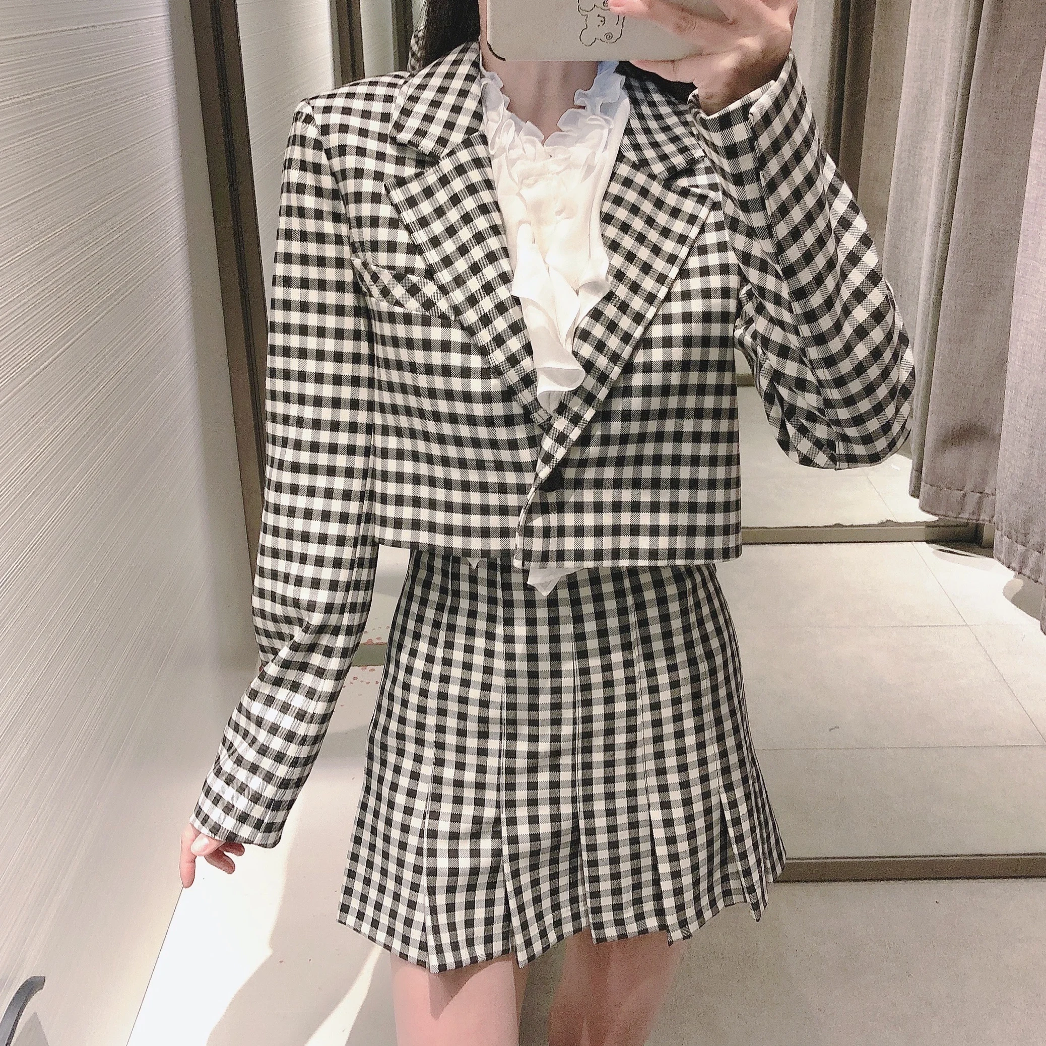 

Za suit 2021 ladies spring fashion plaid suit jacket short skirt suit ladies retro jacket suit chic top casual mini skirt