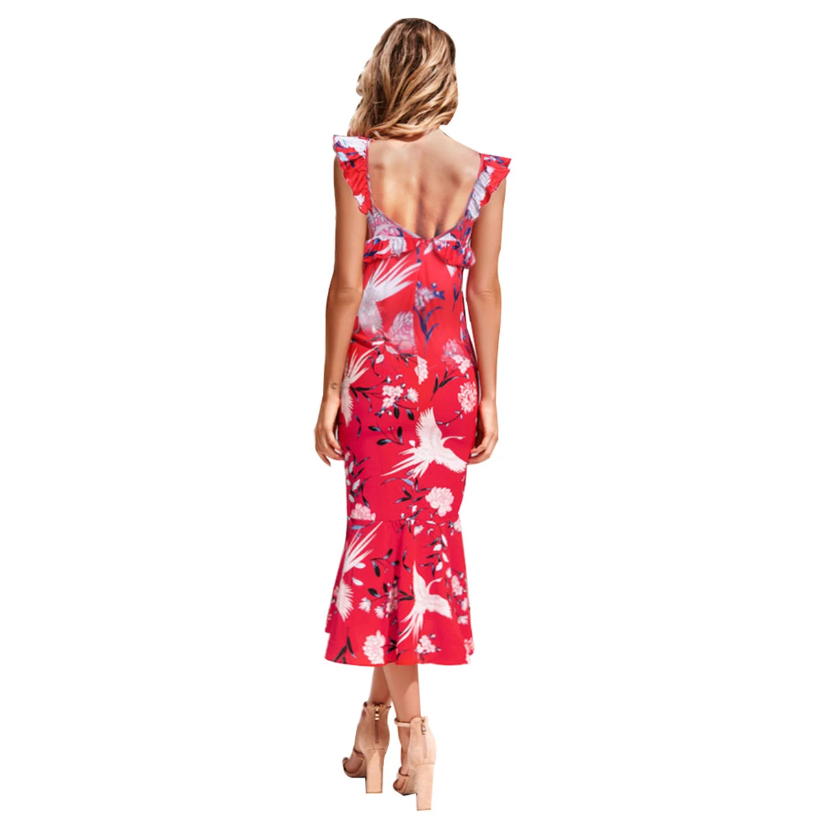 

Boho Ruffles Women Bodycon Sundress Floral Printed Sleeveless Deep V-Neck Backless Holiday Dresses
