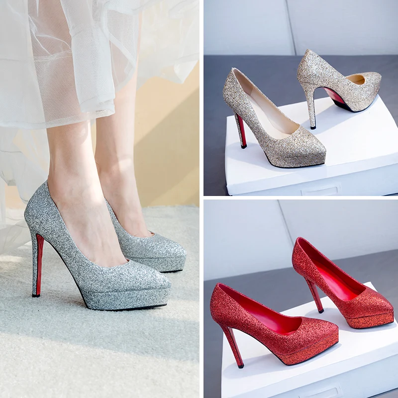2019 сезон весна осень красное женское с пайетками свадебные туфли украшениями в