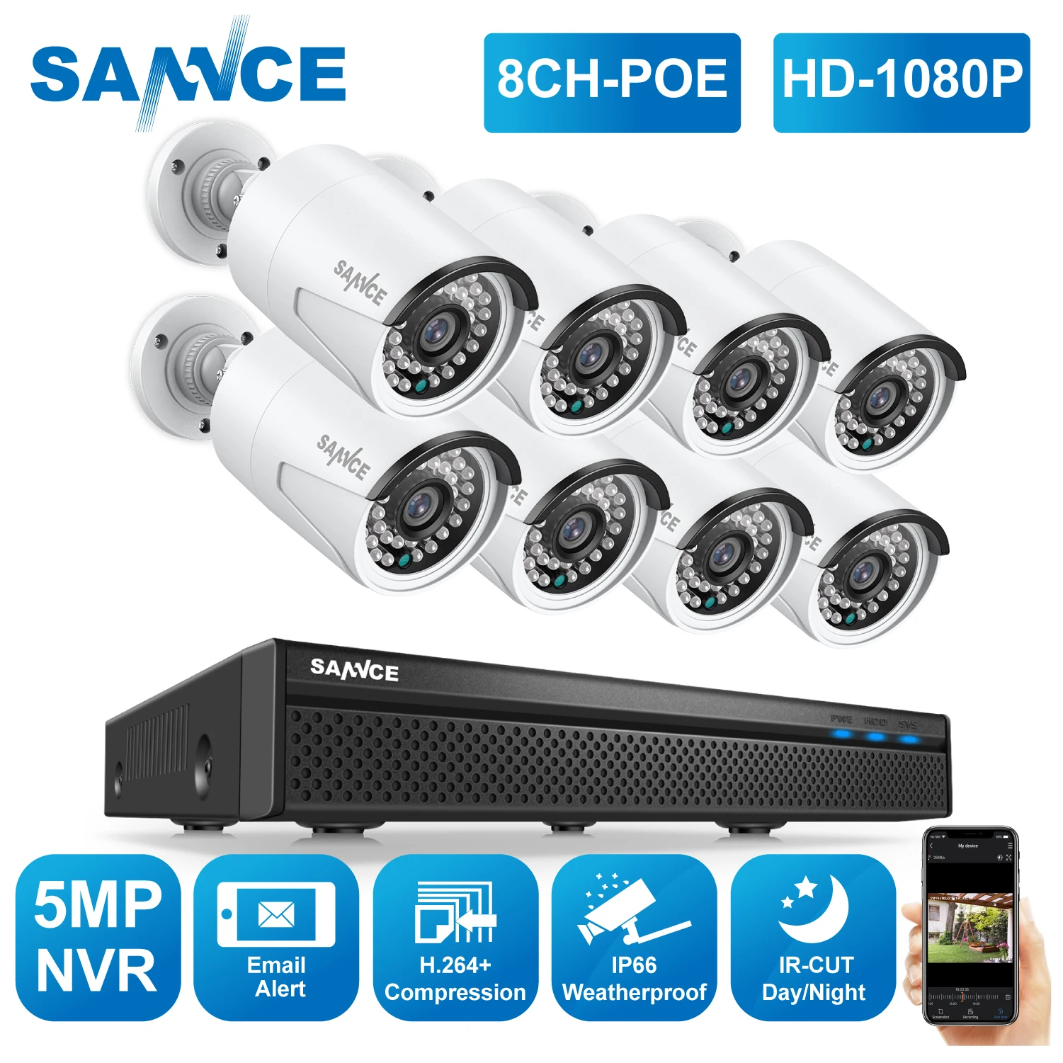 

SANNCE 2MP 5MP Security Cameras POE System H.264+ 5MP NVR 4X 6X 8X 1080P Video Surveillance Cameras With Audio Record IP Camera