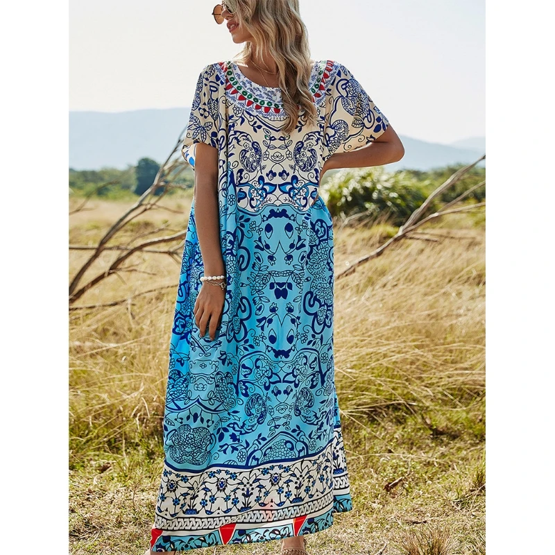 

Y166 Women Boho Tunic Dress Floral Print Long Kaftan Batwing Kimono Gown Beach Dress