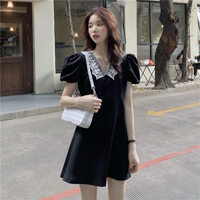 

Make firm offers han edition sweet lapel of tall waist dress temperament joker black dress show thin love dress # 1112