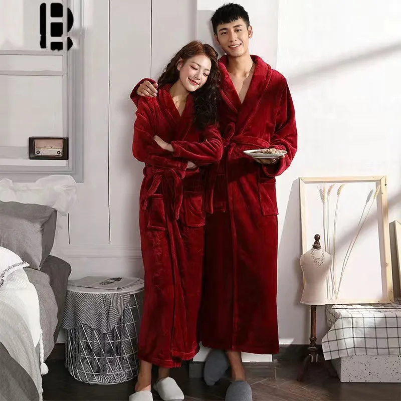 

Couple Coral Fleece Sleepwear Casual Robe Kimono Bathrobe Gown Winter Warm Thick Nightwear Loose Home Clothing Nightgown