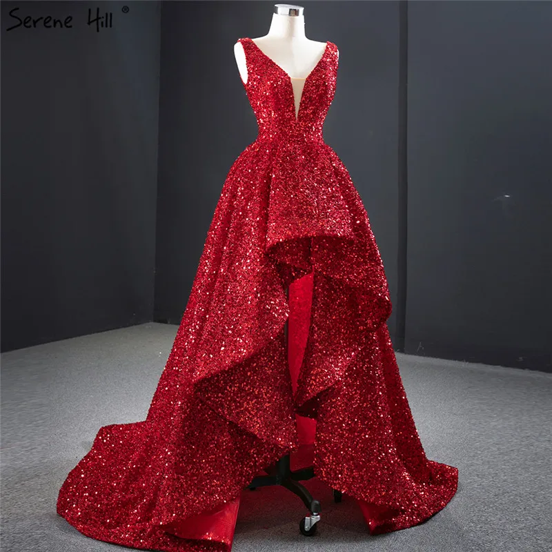 Red Deep-V Luxury Sexy Evening Dresses 2020 Sleeveless Sequins Asymmetrical Formal Dress Serene Hill DHM67126 Dubai | Свадьбы и