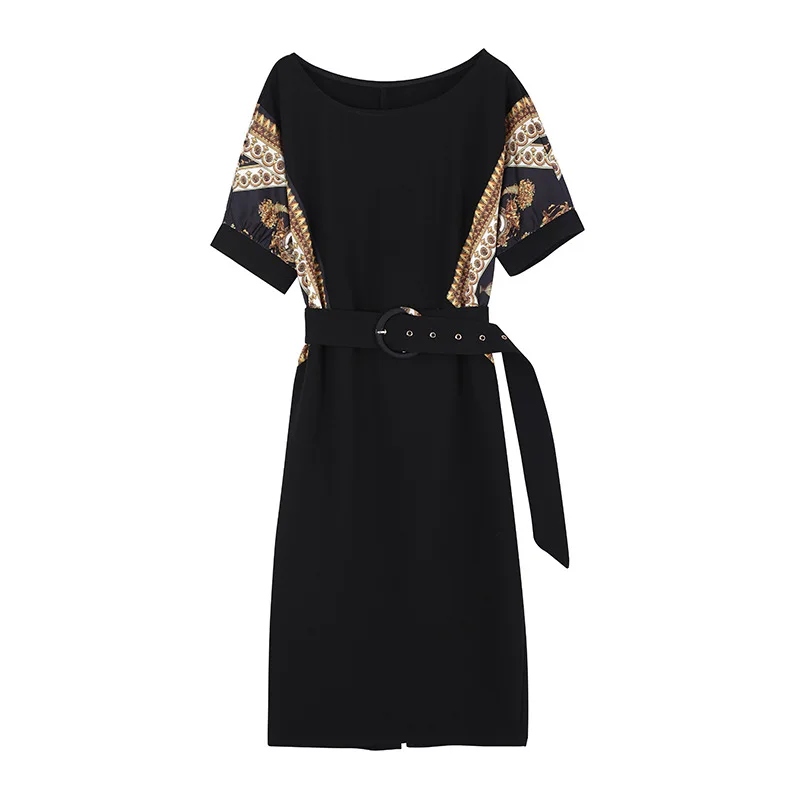 Large Size Splicing Print Chiffon Dress Women Summer New Your Waist Thin O-neck Short Sleeve OL Office Lady | Женская одежда