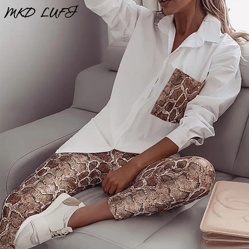 Змеиный контрастный Карманный топ и брюки набор для женщин Осенние повседневные