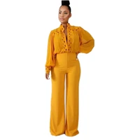 womens long sleeved single breasted shirt trousers set 2021 spring new fashion high collar hollow straight pants loose suit
