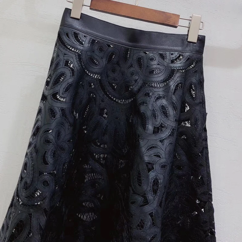 Designer Skirt High Quality Long Genuine Leather Skirt Elegant High Waist A-line Silk Skirt Fashion New Women Skirt