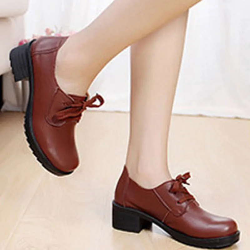 

TIMETANG Genuine Leather Platform Women Shoes Comfortable Lace up Spring Autumn Shoes Soft Leather Women Heels Shoes Big Size