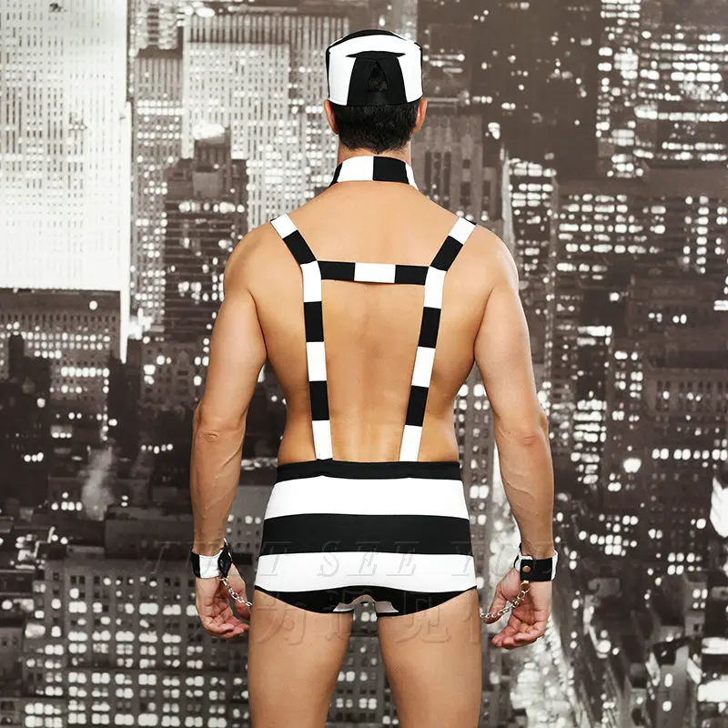

Sexy New Arrival Convict Criminal Zombie Black White Stripe Prisoner Costume Halloween Costume For Men Party Cosplay