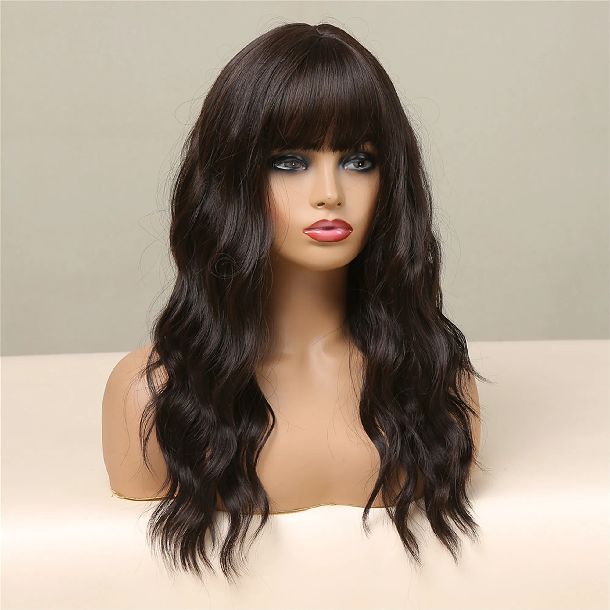 Фото HENRY MARGU Natural Dark Brown Wigs for Black Women Afro Long Deep Wave Synthetic Hair Wig with Bangs Cosplay Heat Resistant Wig №3