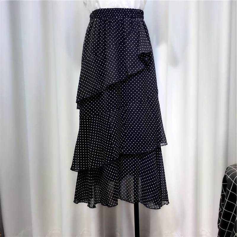 

Korea-style 2020 New Spring Summer Women Clothes All-match Irregular Elastic High Waist Polka Dot Ultra Long Cake Skirts