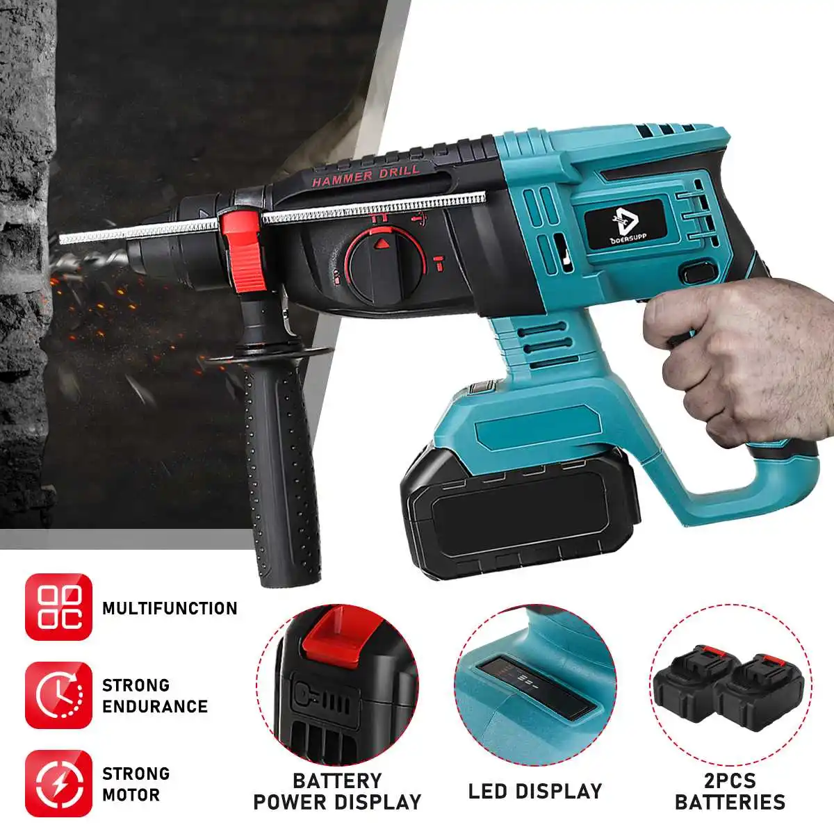 

15000mAh Electric Impact Drill Rotary Hammer Brushless Cordless Hammer Drill LED Demolition Electric Hammer for Makita Battery