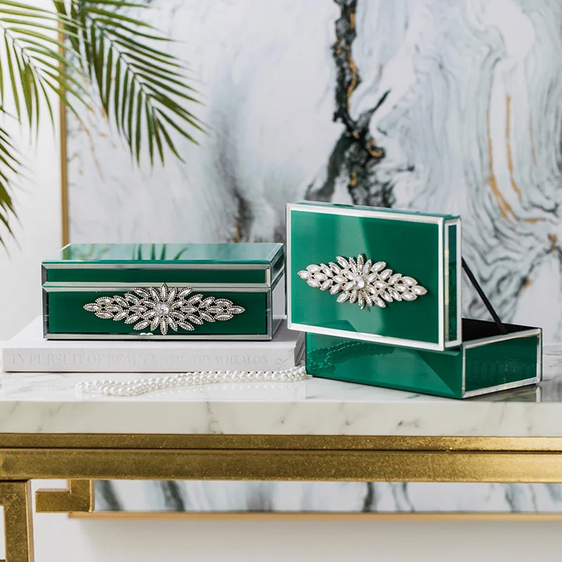 

Modern Flower Shape Hand Made Diamond Craft Jewelry Box Exquisite Home Dressing Table Decor Finishing Green Acrylic Storage Box