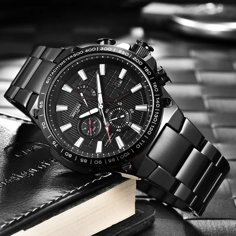 

BOYZHE DESIGN Tourbillion Fashion Silver Black Clock Multi Function Display Mens Automatic Mechanical Watches Top Brand Luxury