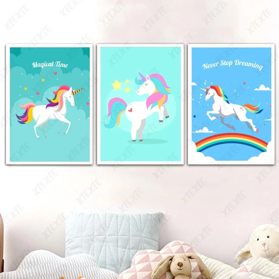 

Cartoon Unicorn Poster Wallpaper Rainbow Magic Canvas Painting Art Childlike Print Picture Craft Decoration for Kids Room