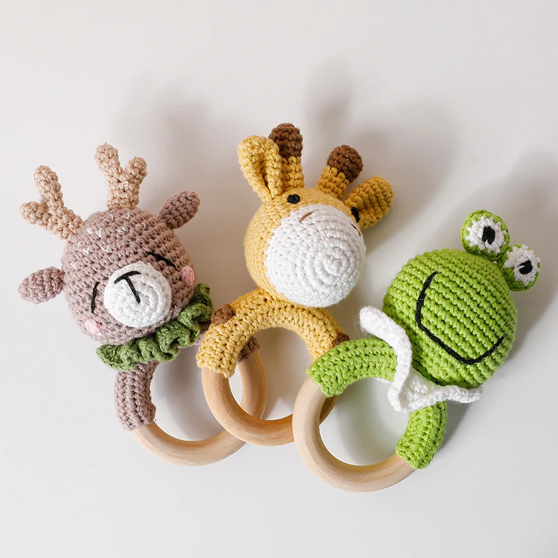 

1pc Baby Wooden Rattle Toy Crochet Animal Giraffe Baby Teether Gym Music Rattle Ring Toys Newborn Pram Stroller Toy Baby Product