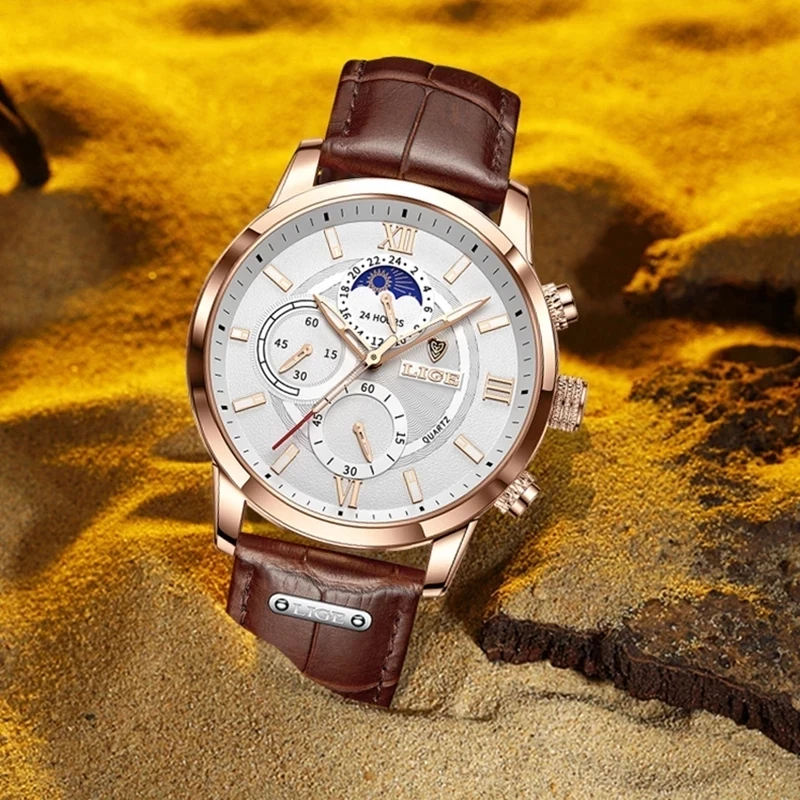 

2021 LIGE Watches Mens Top Brand Luxury Clock Casual Leathe 24Hour Moon Phase Men Watch Sport Waterproof Quartz Chronograph+Box
