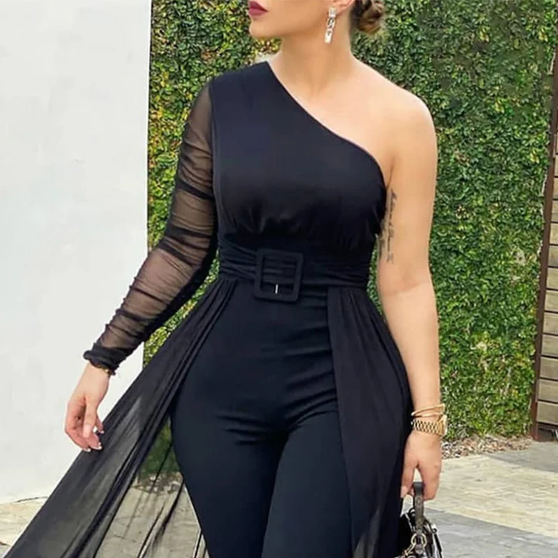 Women Fashion Elegant Long Sleeve Partywear Jumpsuits Formal Party Romper Sheer Mesh Slinky Party Jumpsuit