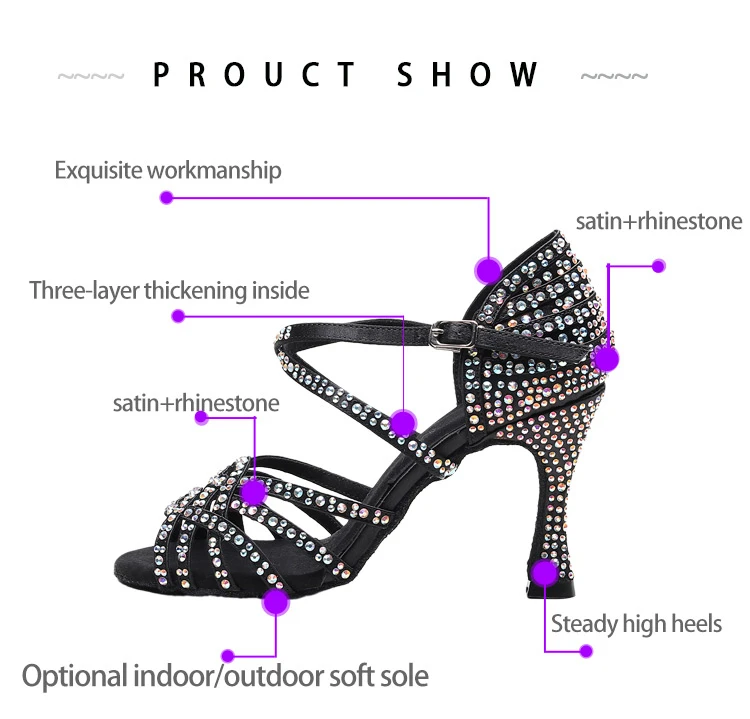 Salsa Jazz Women Latin Dancing Shoes Satin Social Professional Line Women Heels Ballroom Outdoor Dance Black