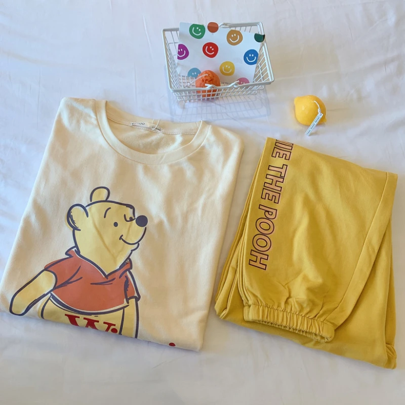 Disney Winnie the Pooh Cute Pajama Sets Woman Soft 2 Pieces Home Suit for Women Loose Shirt and Pants Conjunto Femenino Pijamas