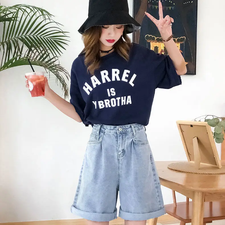 

Denim shorts female summer new student light blue fresh fashion versatile loose wide leg slim 5-point pants