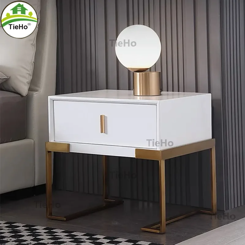 Modern Luxury Bedside Storage Cabinet Bedside Table Bedroom Furniture Nightstand MDF White Paint Stainless Steel Legs