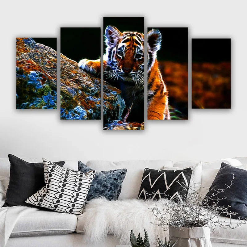 

5 Pcs Abstract Tiger Cub in the Wildl Canvas Pictures Print Wall Art Canvas Paintings Wall Decorations for Living Room Unframe
