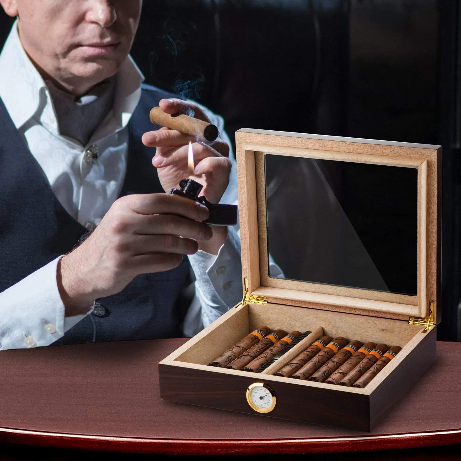 Caja de viaje de madera de cedro para cigarros, Humidificador port&aacute;til, higr&oacute;metro, caja de Sigaren-2