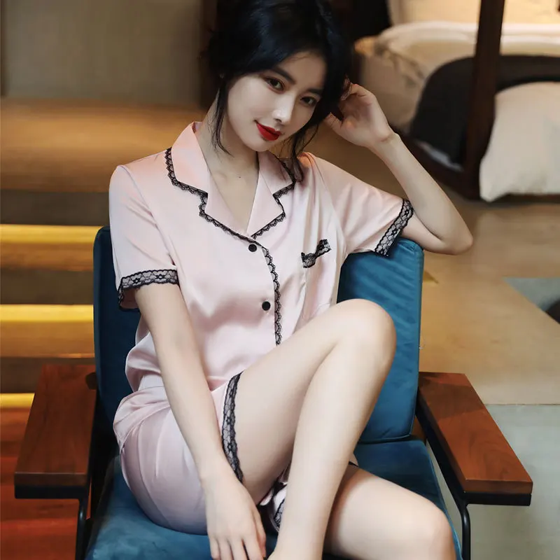 

Повседневная Ночная рубашка, пикантный Летний Новый пижамный комплект из 2 предметов, женская одежда для сна, интимное нижнее белье, Розовая...