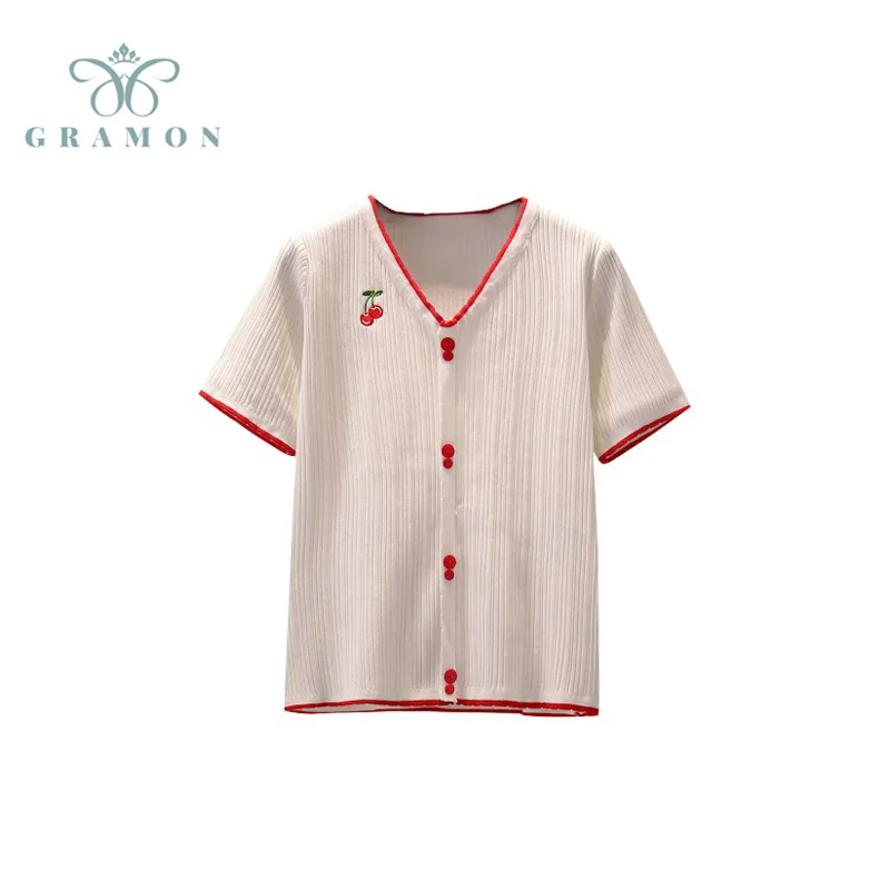 

2021 Summer Women Button Knitted Blouse Short Sleeve Korean Sweet Cherry Embroidery Top Shirt Fashion T-shirt Female Plus Size