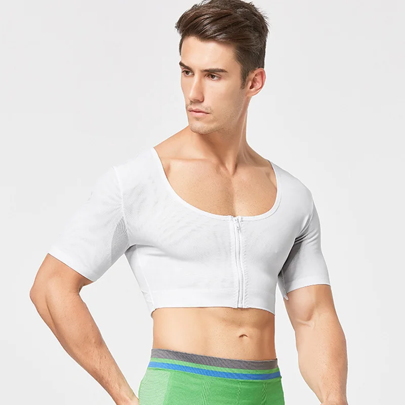 Fashion Mens Slimming Body Shaper Shapewear Chest Compression Shirt Workout Tops Undershirts Zipper Cross Back Tights T-Shirt |