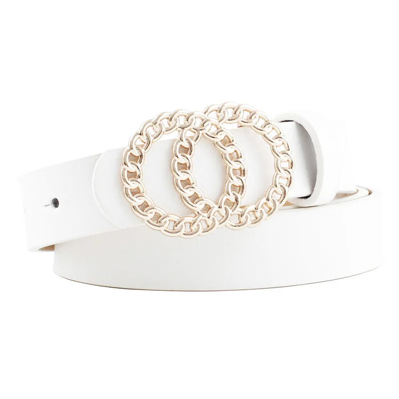 

Fashion Double Buckle Women Belts Chains Round Ring Design Thin PU Leather Waist Belt for Ladies Girls Jeans Dress Clothes Decor