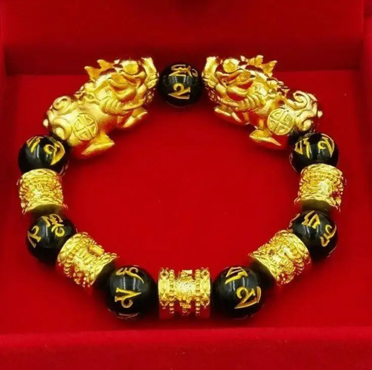 

Браслет Shajin six son Buddha bead hand string позолоченный обсидиановый двойной PI xiu