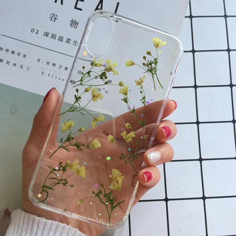 Tfshining настоящий прессованный высушенный чехол с цветами для iphone 11 11pro max X XR Xs max 6 6s 7 8 plus, прозрачный чехол, блестящий девчачий чехол
