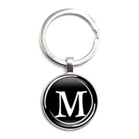 black classic 26 english letters key ring glass cabochon car key pendant male and female keychain gift jewelry