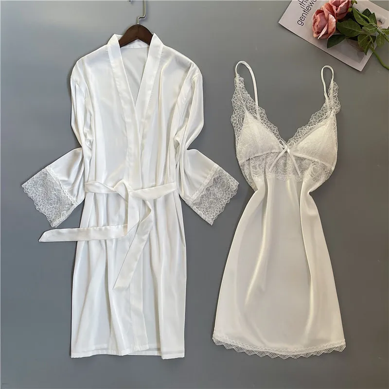 

Black Lace Bathrobe Nightdress Sleep Suit Women 2PCS Satin Kimono Robe Gown Set Spring Home Dress Sexy Sleepwear Nightgown