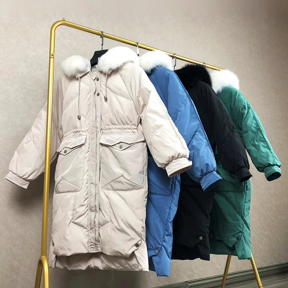 Свободное корейское зимнее пуховое пальто Женская длинная пуховая теплая