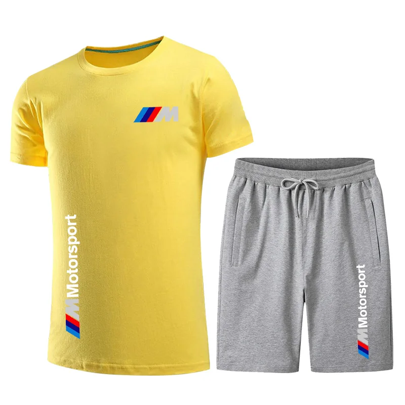 

2021 Summer cotton men's casual short sleeve solid color neutral round collar hip-hop T-shirt blazer + shorts 2 pieces set