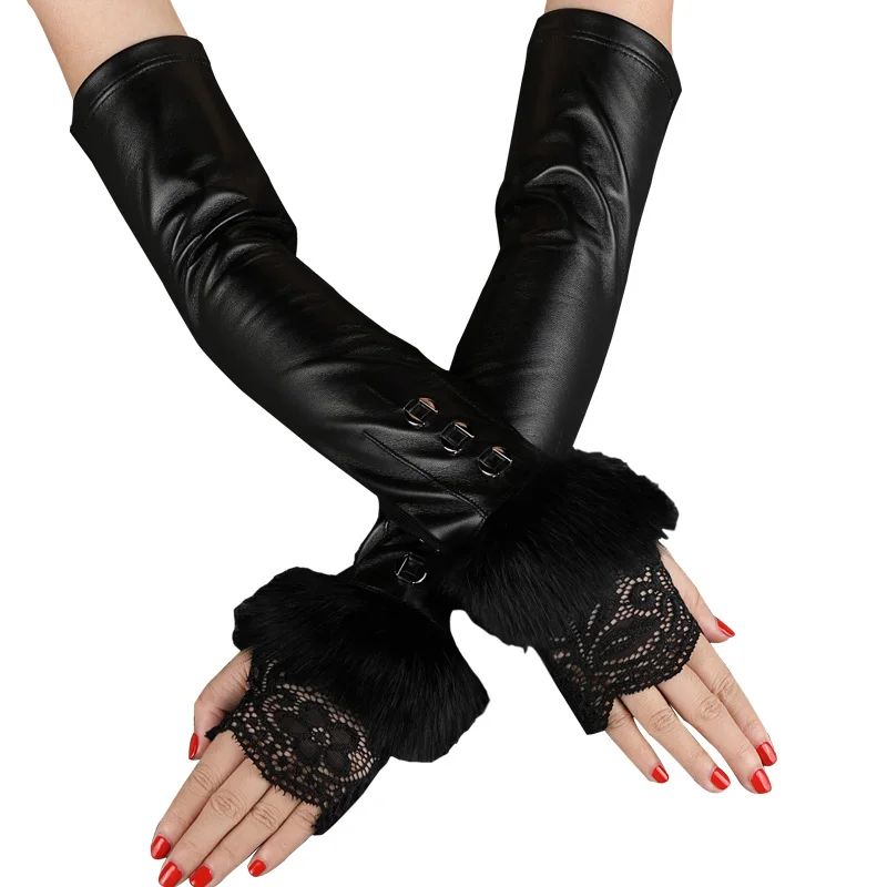 Ladies sheepskin gloves mittens autumn winter arm warmer real rex rabbit fur fingerless long women |