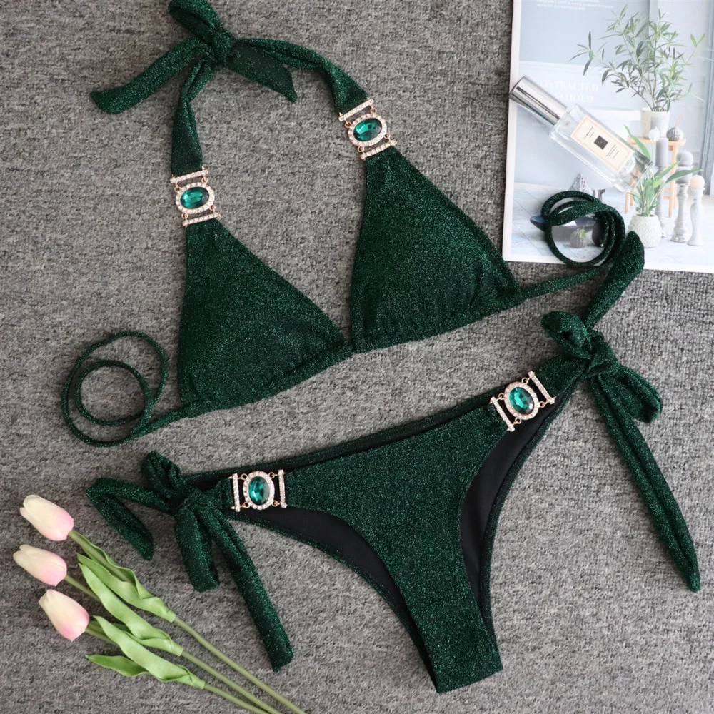 

New Bikini Women's Crystal Diamond Gold Strap Sexy Ladies Beachwear Bikini Swimsuit 2-Piece Set Women's Tube Top Swimwear