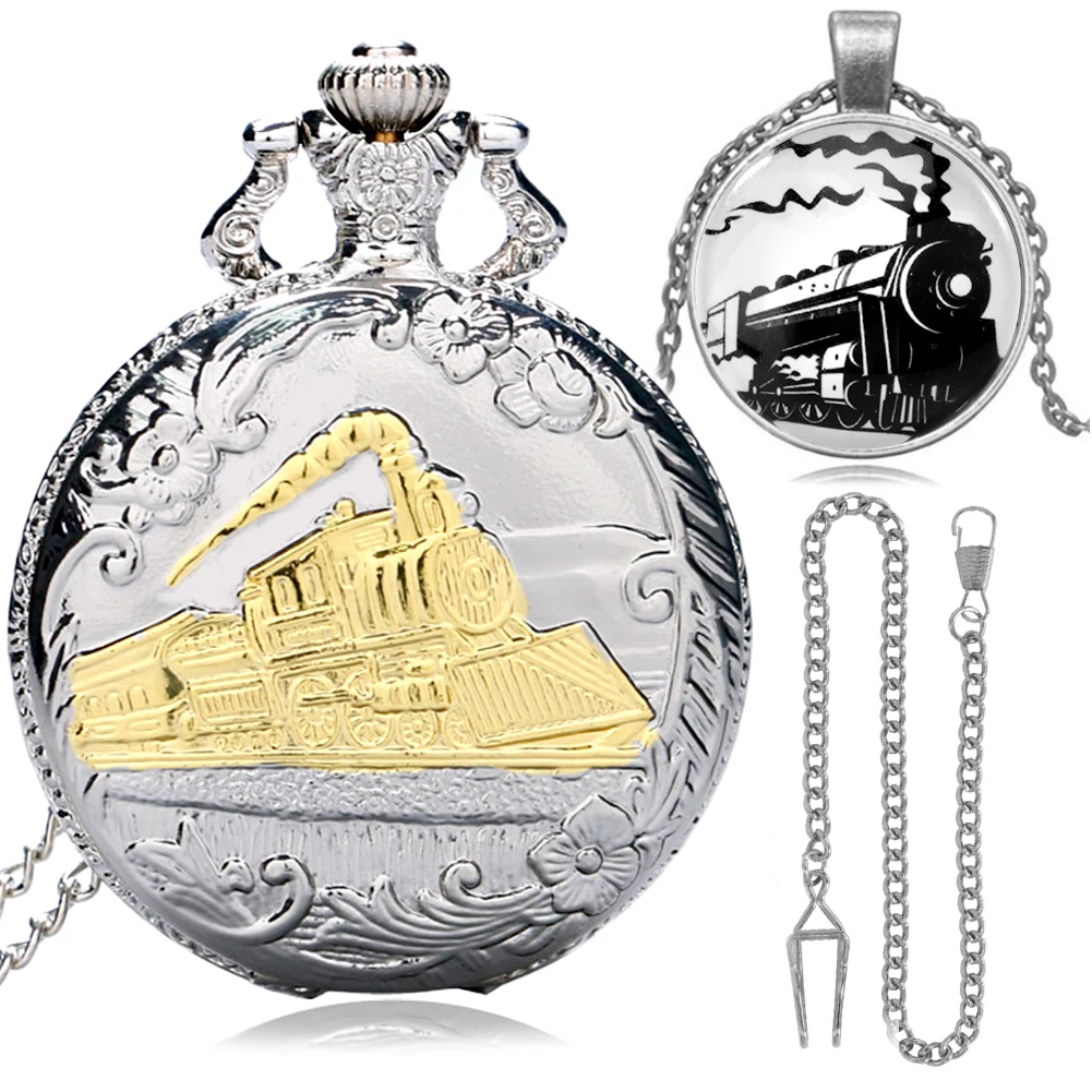 Quartz Pocket Watch Exquisite Train Design Case Watch Silver Pendant Necklace Chain Fashion Gift Sets for Friend