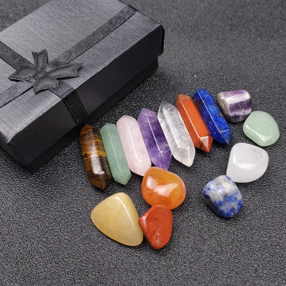 

14PCS/set 7 Chakra Natural Reiki Healing Crystal Quartz Point Wand Stone Meditation Rock Yoga with Gift Box for Home Decoration