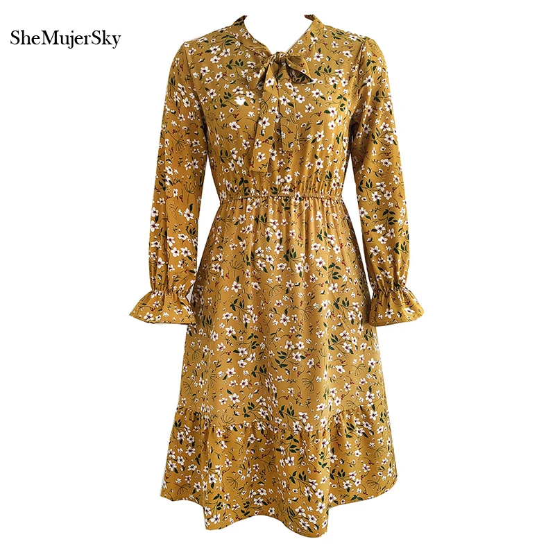 

SheMujerSky Women Bow Collar Long Sleeve Floral Print Dress Elastic Waist A-line Midi Dresses 2021 Fashion Bodycon Dress