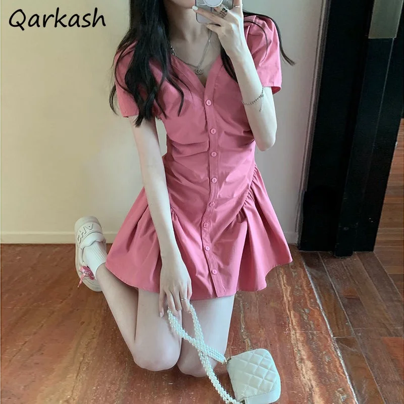 

Dress Women Pink Lovely Girls Slim Simple Trendy College Leisure Korean Sundress V-Neck Summer Folds Single Breasted Design Mini