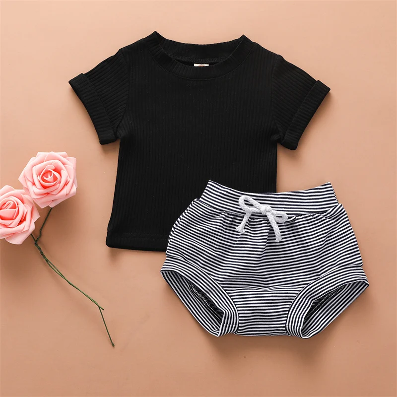 

Casual Summer Baby Clothing Newborn Baby Boys Girls Outfits Ribbed Knitted Tops Short Sleeve T-shirts+ Striped Shorts 2Pcs Suit