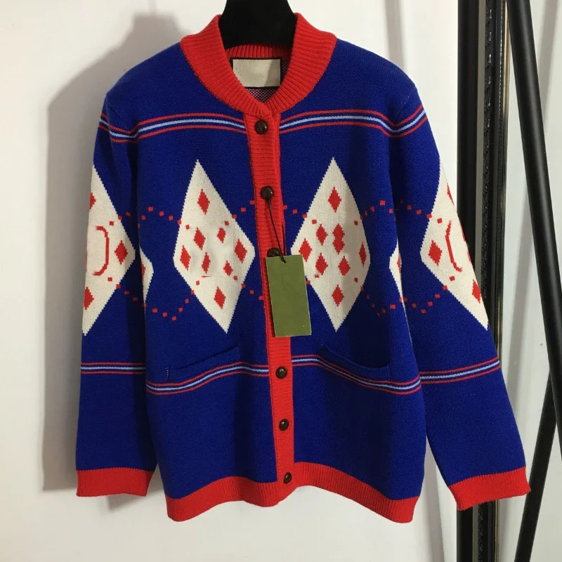 

Роскошный дизайнерский модный ромбовидный однобортный свитер в клетку с надписью G, яркий вязаный кардиган с круглым вырезом и длинным рука...