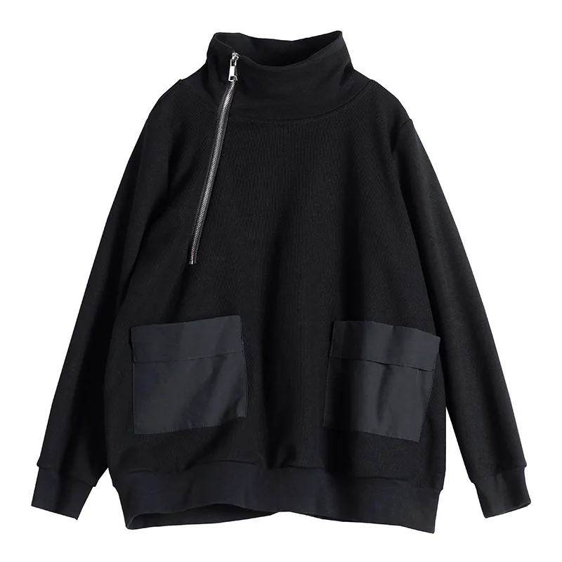 

NINI WONDERLAND Black High Collar Zipper Casual Sweatshirt Women Long Sleeve Loose Coat Tops 2021 Spring Korea Style Sweatshirts