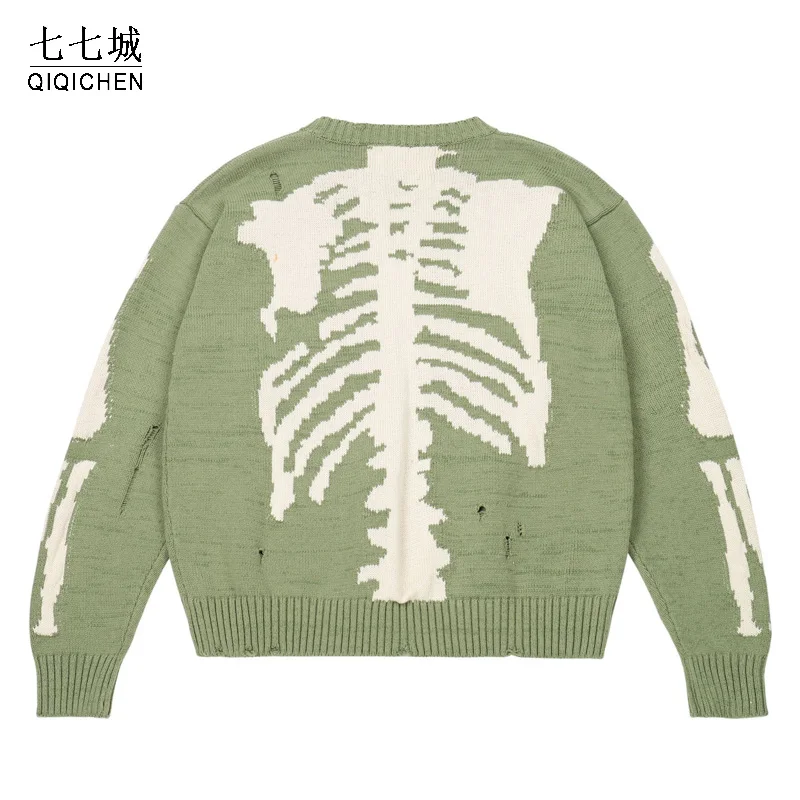 Mens Hip Hop Sweater Skeleton Bone Printing Oversized Woman High Quality Streetwear Damage Hole Vintage Punk 1:1Knitted Pullover | Мужская
